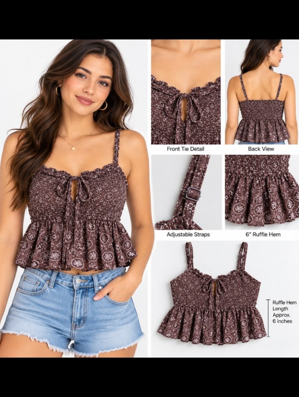 American Eagle Large Women's Outfitters Brown Paisley Smocked Cami